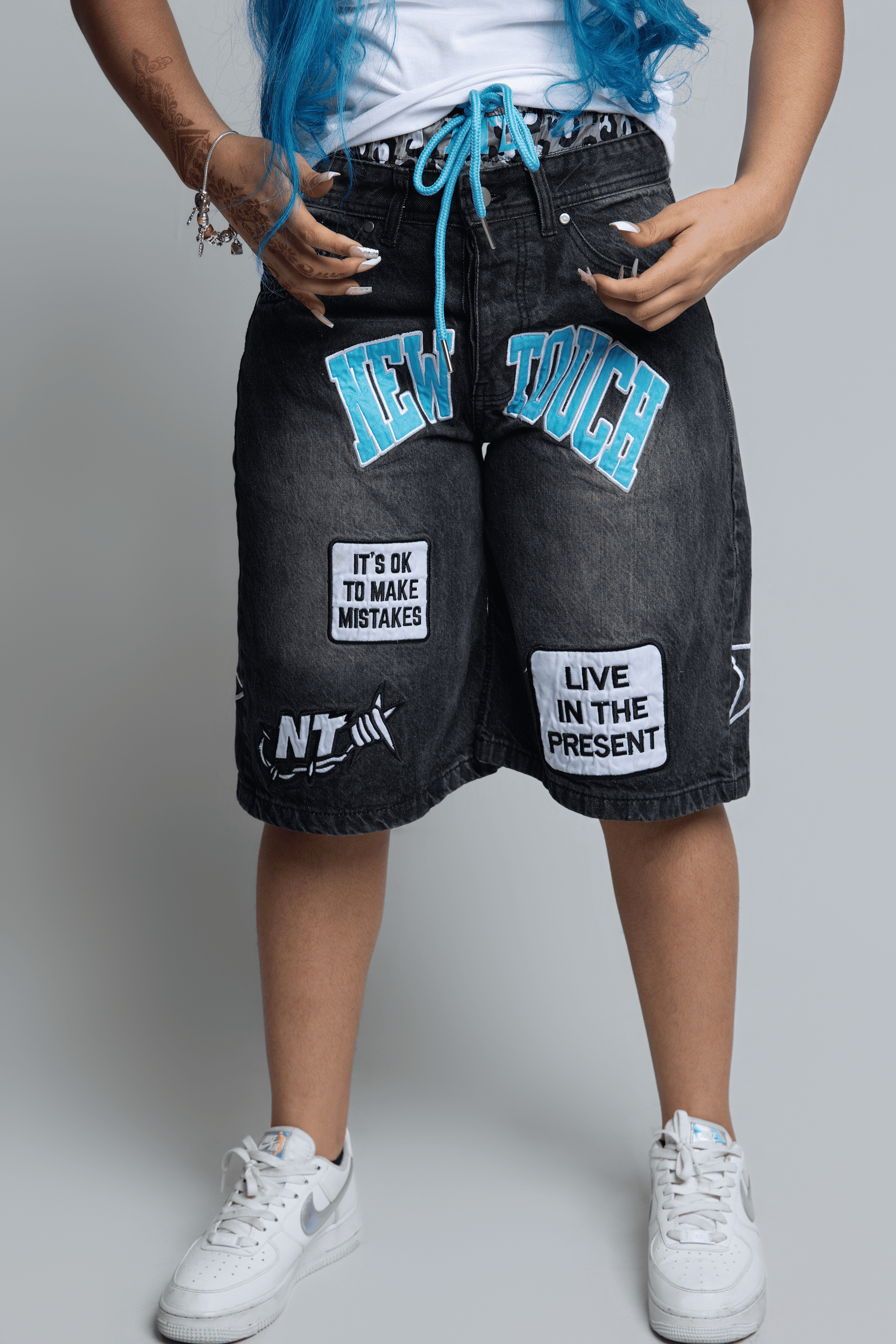 Black/Blue Leopard Double Waisted Jorts